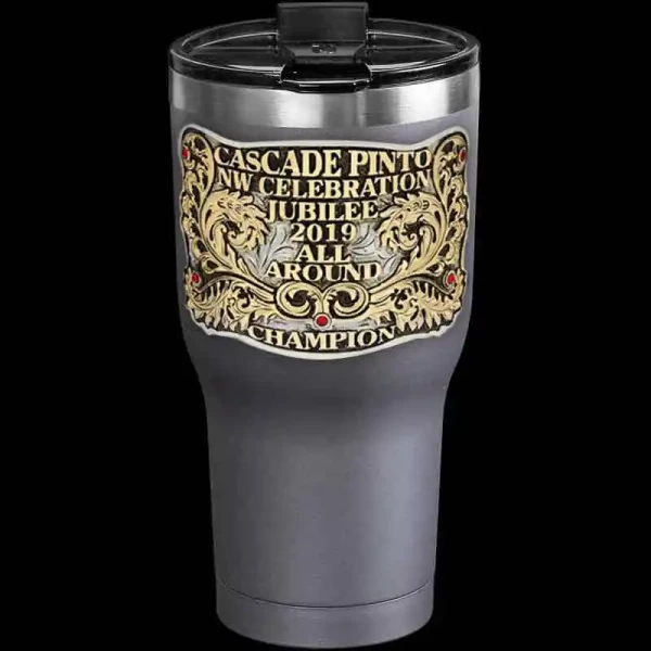 A custom tumbler made of stainless steel with a personalized engraved western decoration, featuring bronze lettering and vines, 30 oz, ideal for coffee